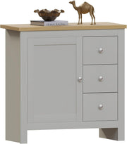 Grey Sideboard Storage Cabinet Unit with 3 Drawers 1 Door Oak Top Hallway