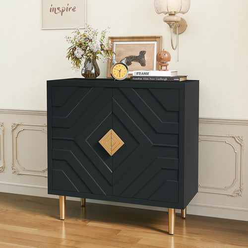 Modern 2-Door 3D Embossed Sideboard Cabinet Storage Unit Black Gold Legs