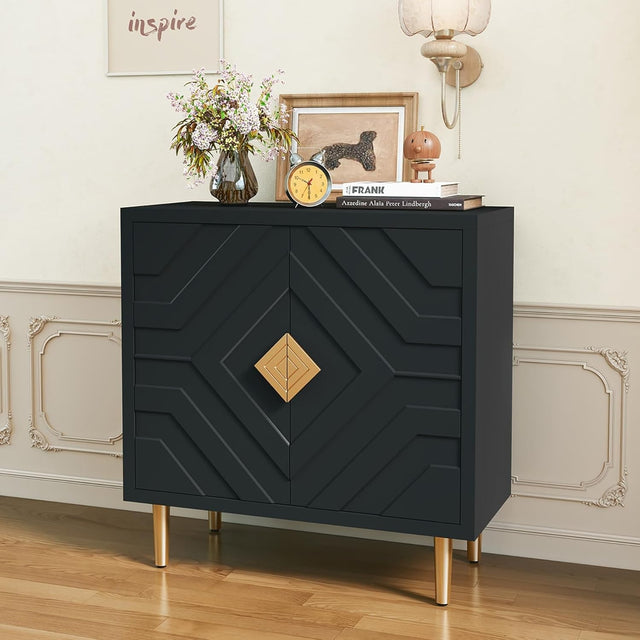 Modern 2-Door 3D Embossed Sideboard Cabinet Storage Unit Black Gold Legs