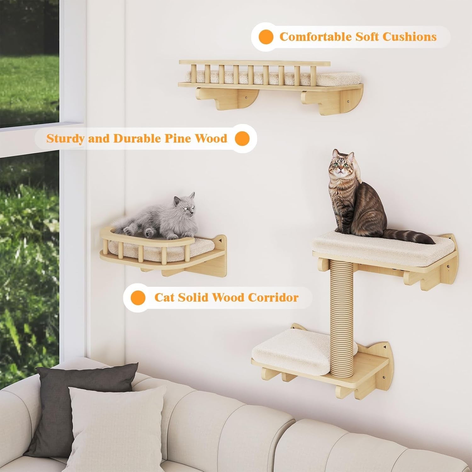 Cat Wall Climbing Set Solid Wood Shelves Scratching Posts Platforms Bed