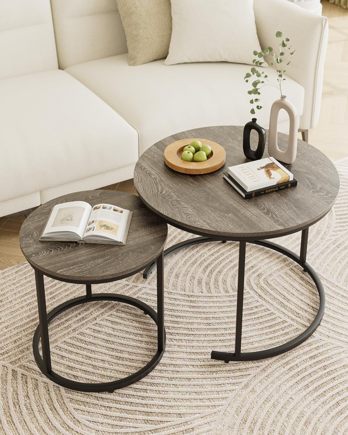 Round Nesting Coffee Tables Set of 2 – Grey Top Black Frame, Space-Saving