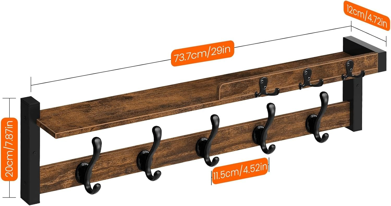 Rustic Wall Coat Rack 29" Wood Shelf with Hooks & Key Holder Entryway Organizer