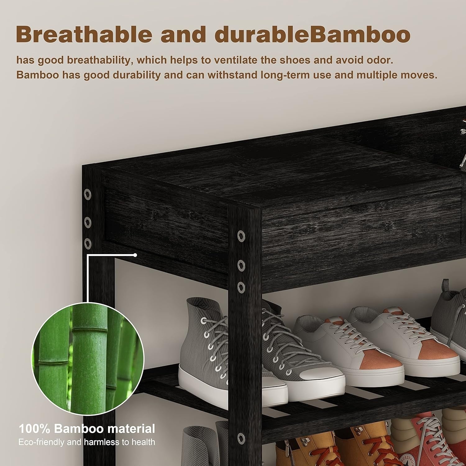 6 Tier Bamboo Shoe Rack Storage Shelf – Tall Black Entryway Organizer