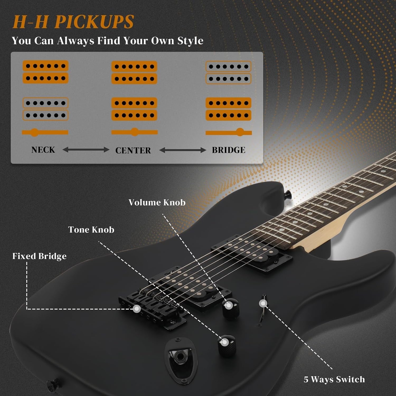 39" Electric Guitar H-H Pickups Beginner Starter Kit Bag Cable Black