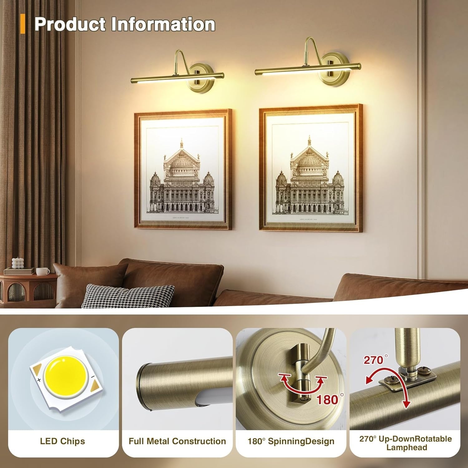 Dimmable LED Picture Light 16.54" Swing Arm, Antique Bronze Accent