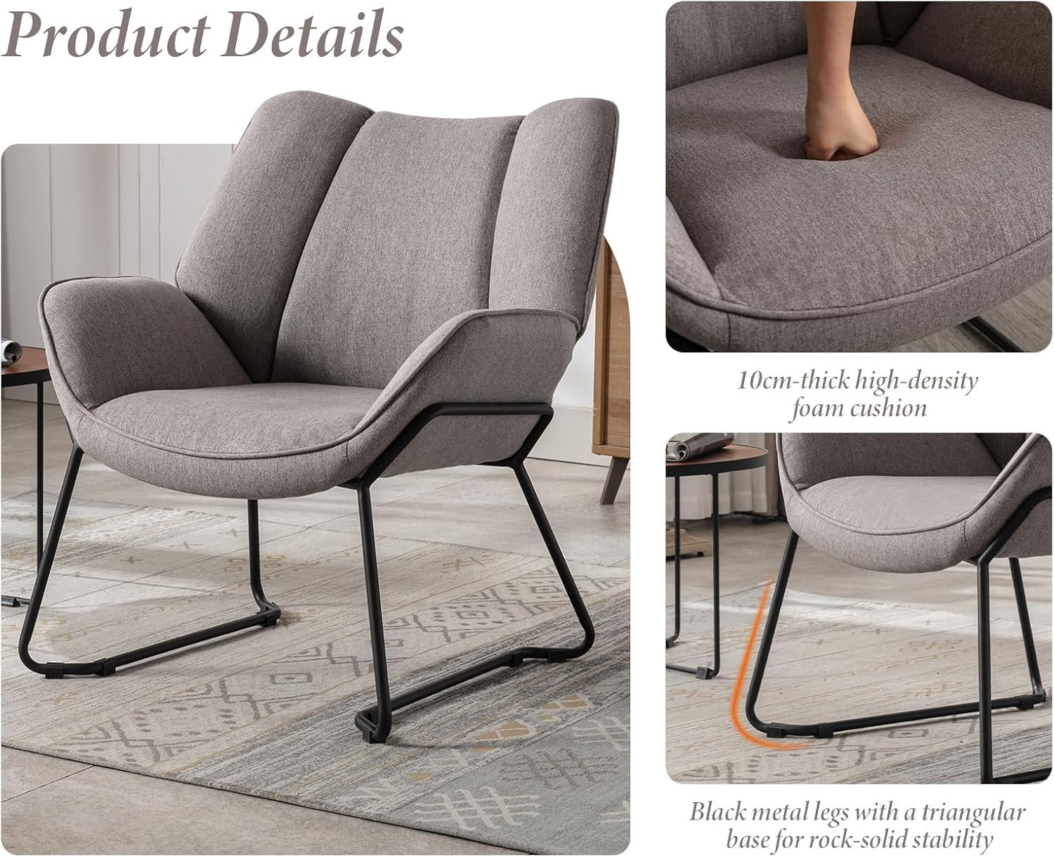 Gray Linen Armchair Modern Tub Chair Upholstered Metal Legs