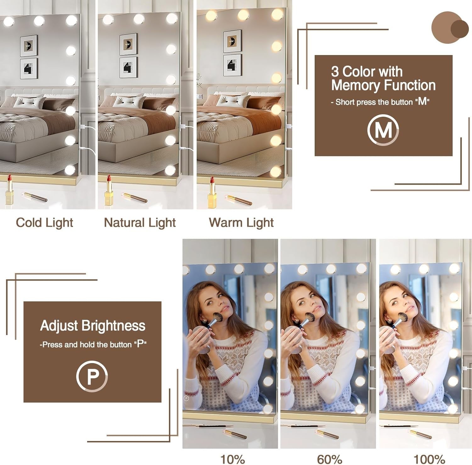 Large LED Vanity Mirror with Lights, USB Port & Smart Touch, 80x60cm