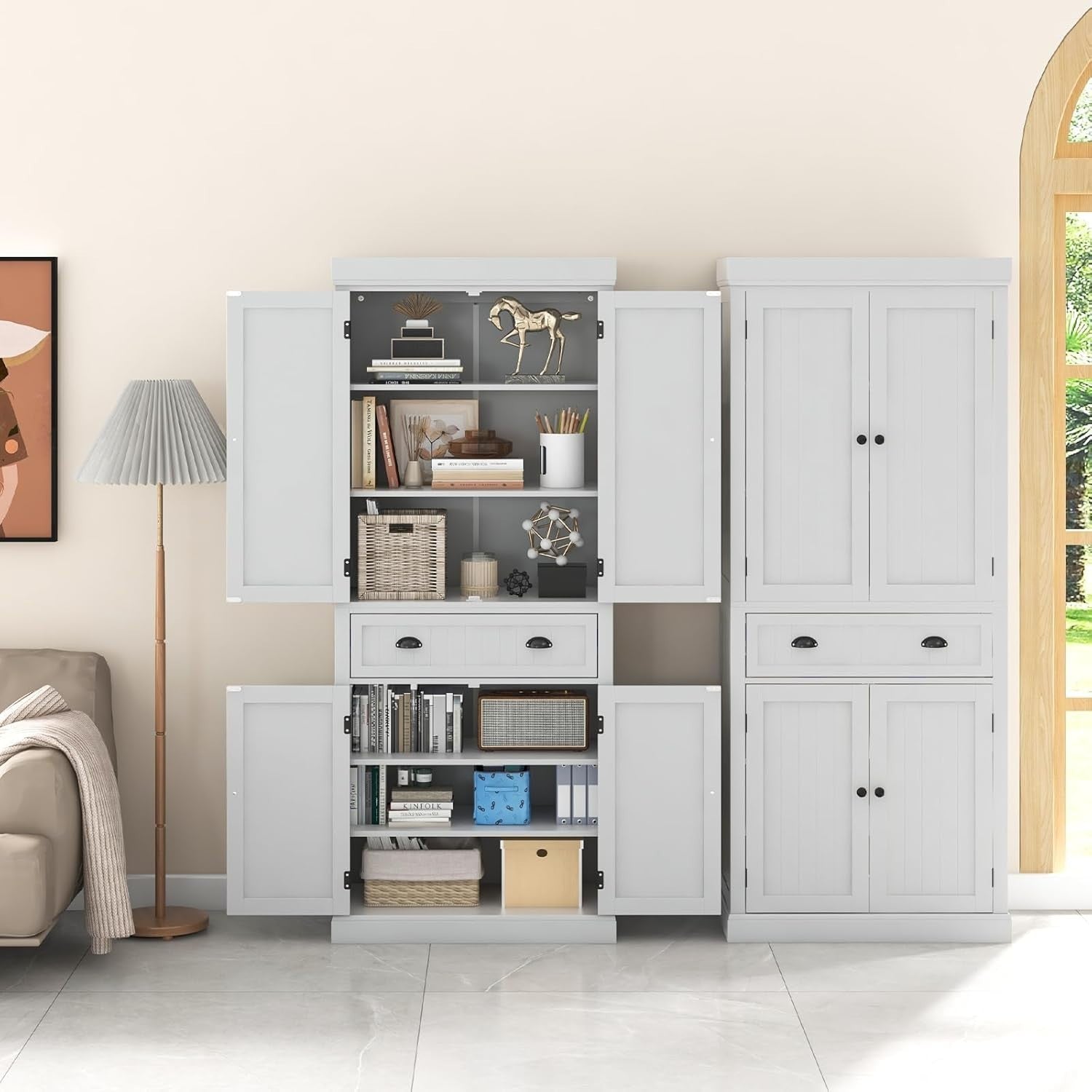 White Tall Kitchen Cupboard 183cm Pantry Storage Cabinet Drawer Shelves