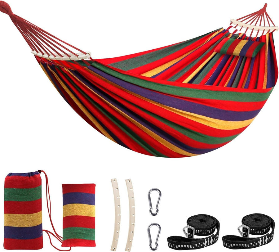 Cotton Hammock with Pillow 300kg Capacity Portable Outdoor Garden Lounger