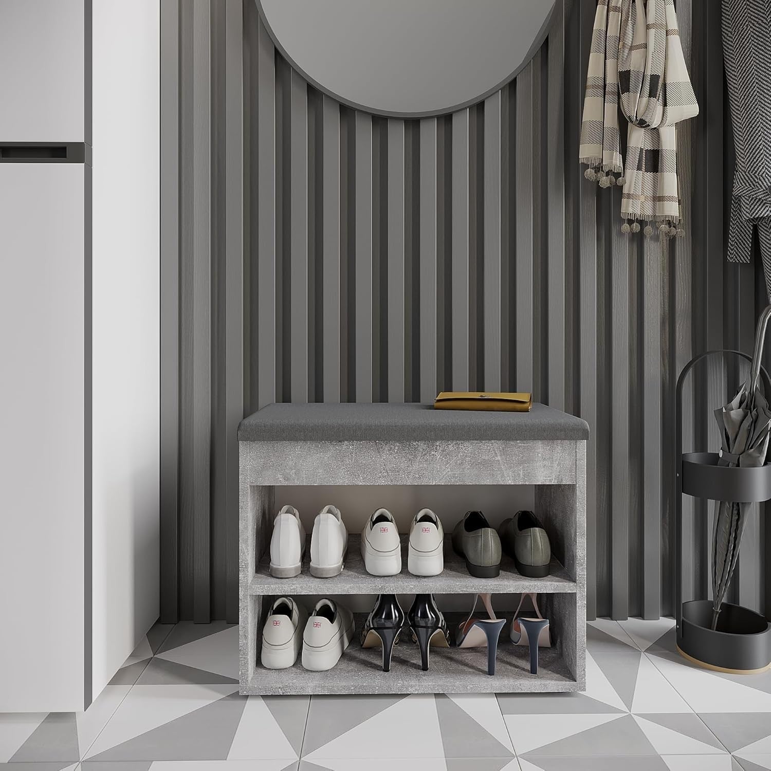 Concrete Grey Shoe Bench with Cushion & Storage for Entryway or Hallway