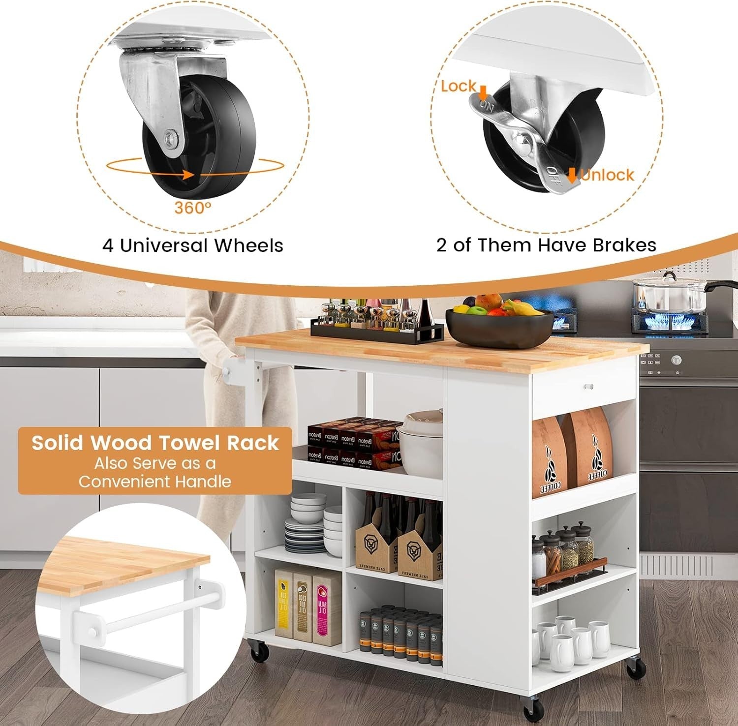 Rolling Kitchen Island Cart with Adjustable Shelves, Drawer & Rubberwood Worktop