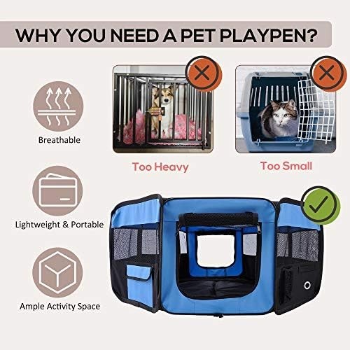 Portable Foldable Pet Playpen with Carry Bag, Outdoor Puppy Tent Blue