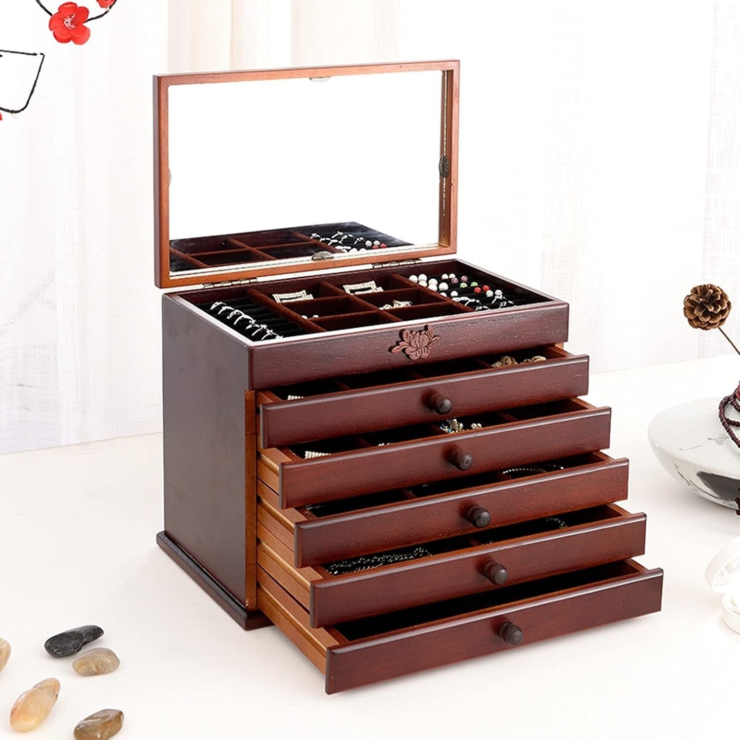 Large Wooden Jewelry Cabinet with Lock 5 Drawer Velvet Organizer Box
