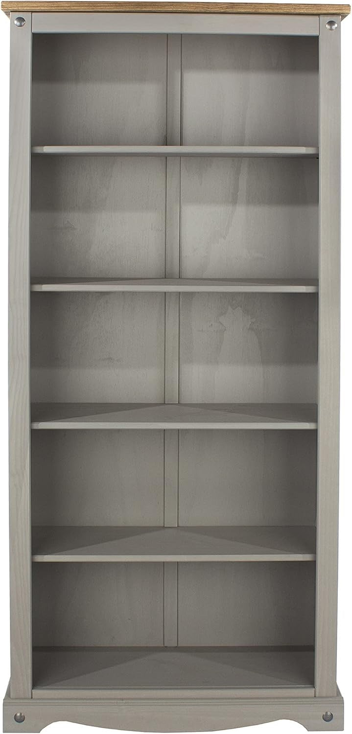 Solid Pine 5 Tier Tall Bookcase Large Wooden Storage Shelf Grey