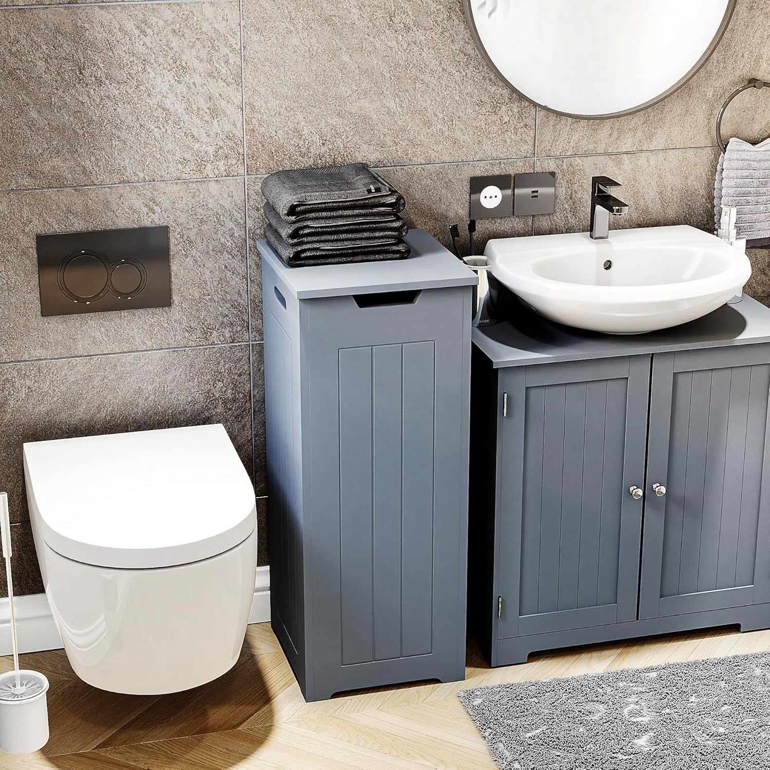 Grey Laundry Hamper Cabinet Slim Bathroom Storage Unit Modern 77x30x30cm