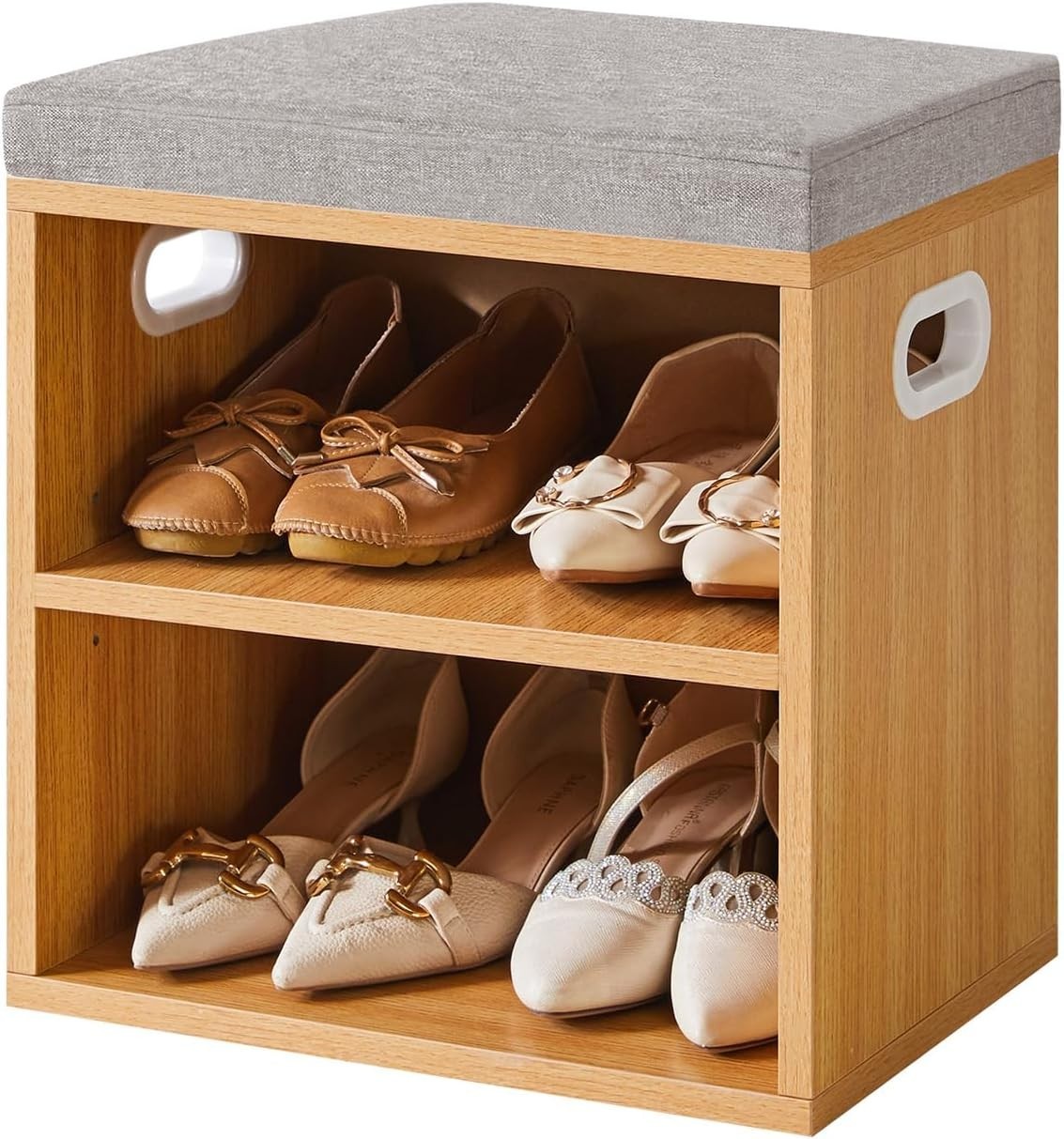 Natural 2 Tier Shoe Bench with Cushion Adjustable Storage Rack for Entryway