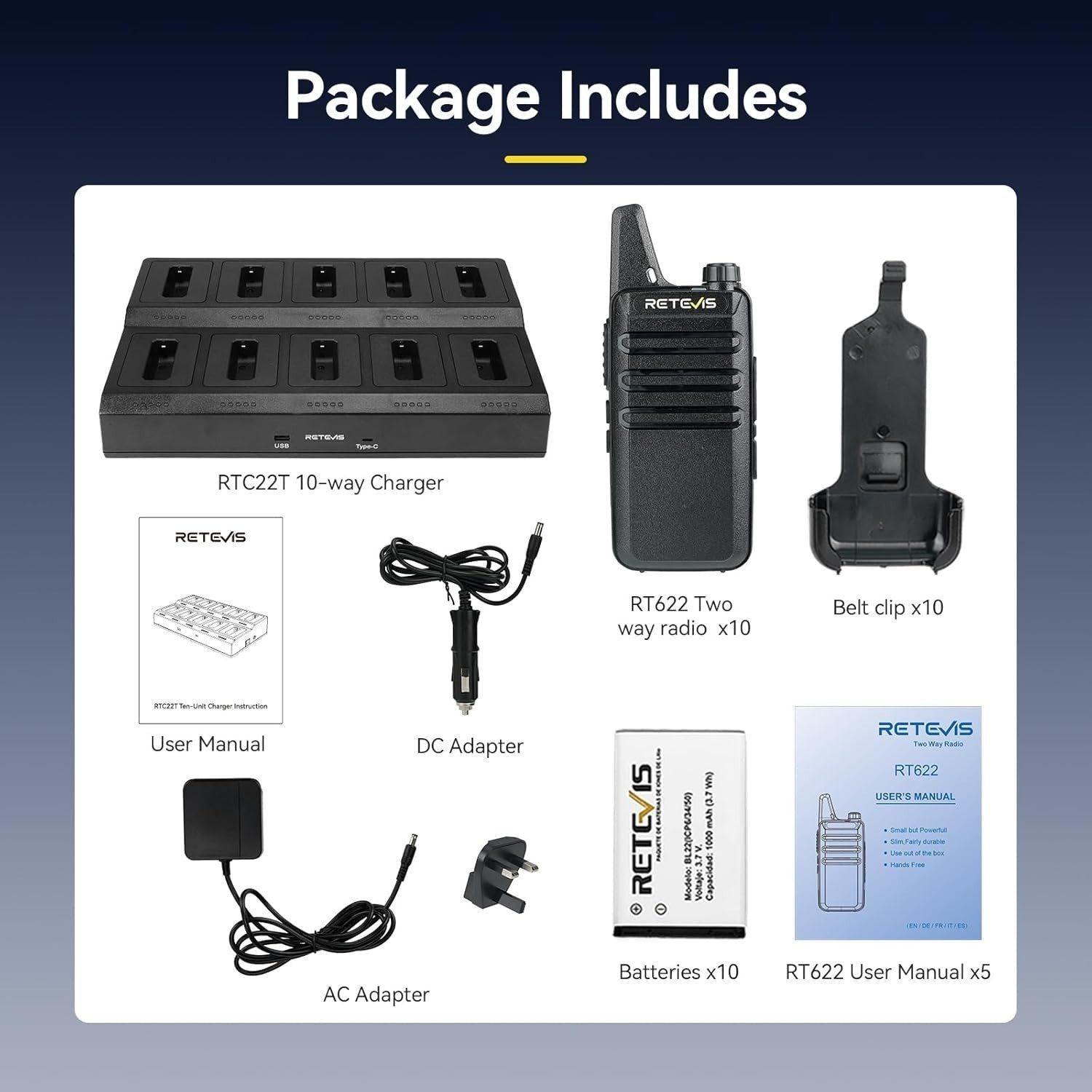 Compact Walkie Talkies 10 Pack 2 Way Radios PMR446 w/ 10 Way Charger