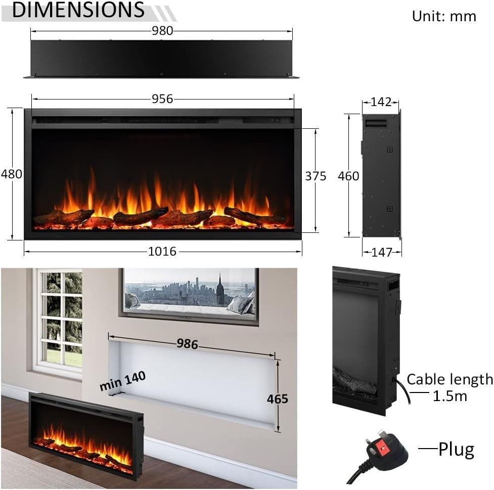 Wall Mount Electric Fireplace Slim Frame 750W-1500W Multi Flame Colors