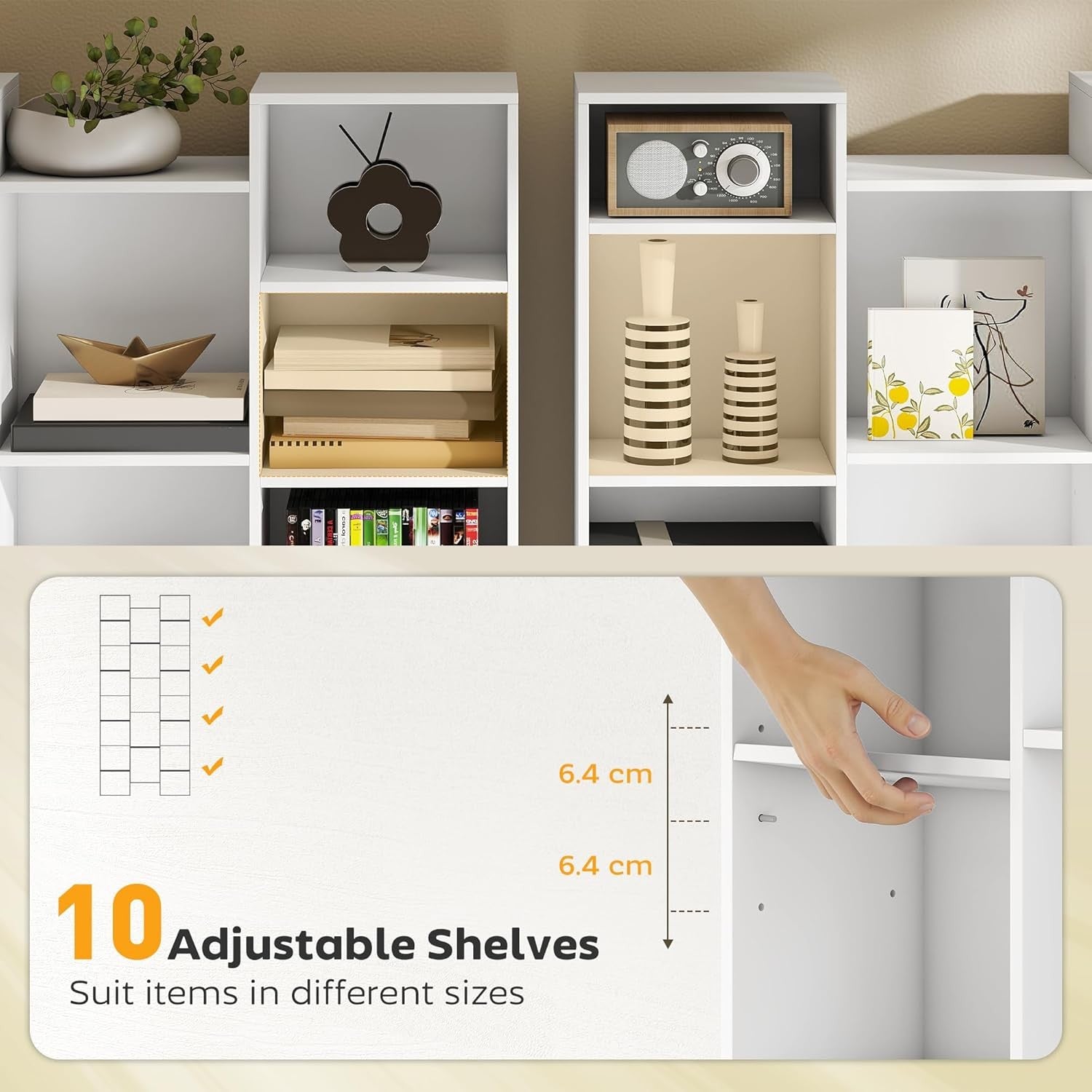 Tall 21-Cube White Bookcase Adjustable Shelves Modern Storage Unit for Home Offi