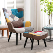 Patchwork Accent Chair & Ottoman Lounge Set | Retro Armchair for Reading