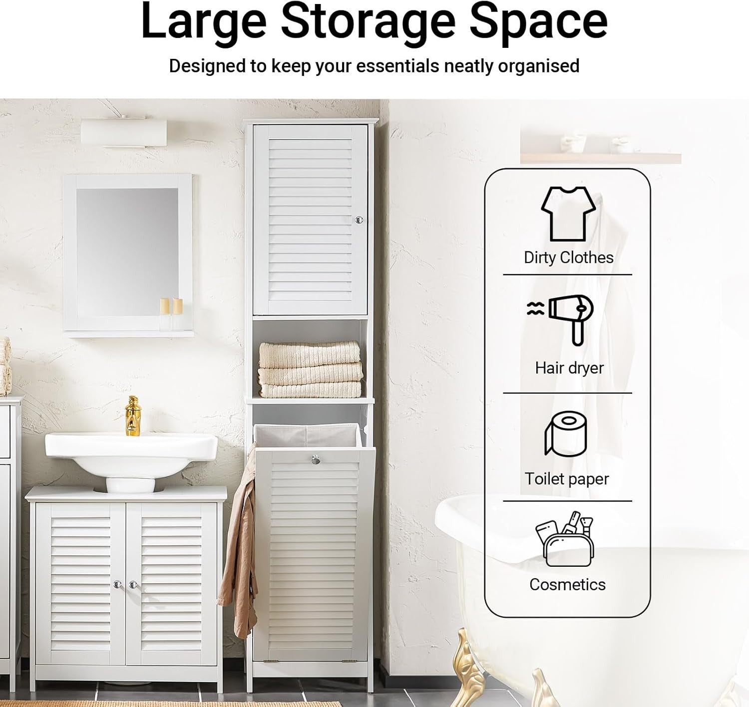 Tall Bathroom Storage Cabinet with Laundry Basket Slim Freestanding White Unit