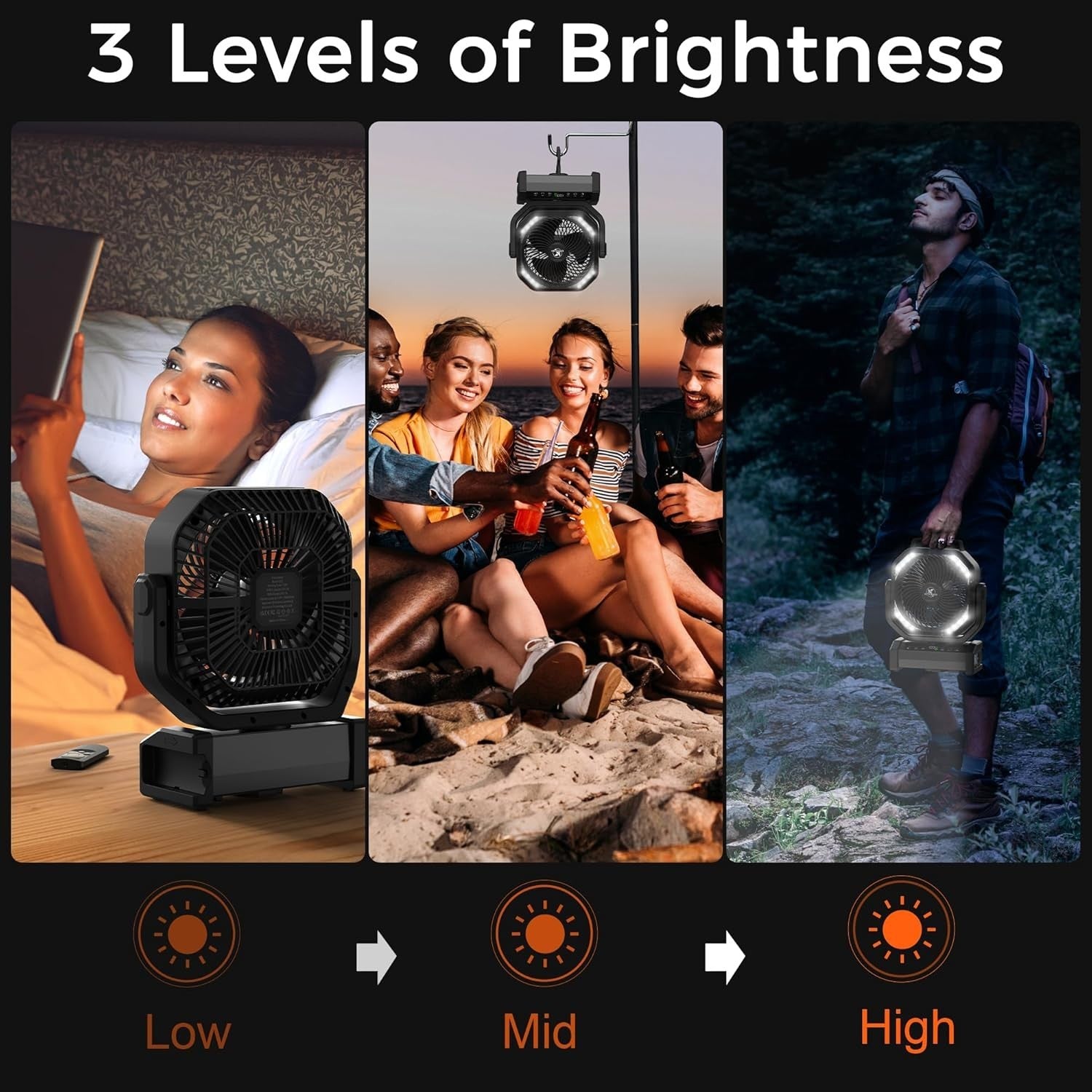 Black Camping Fan – Quiet 20000mAh Rechargeable LED Light w/ Remote & 9 Speeds