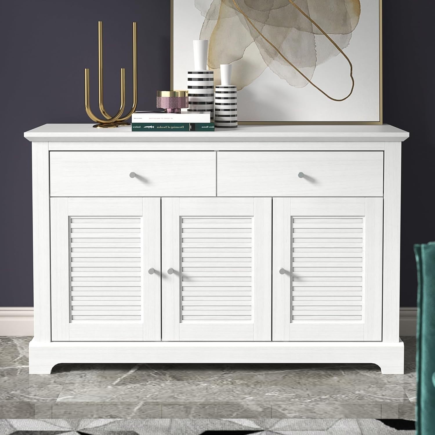 White Storage Sideboard Cabinet 3 Doors 2 Drawers Living Room Organizer