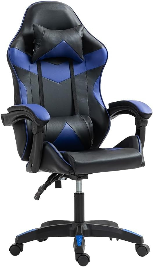 Heavy Duty Gaming Chair Blue PU Leather Reclining Swivel