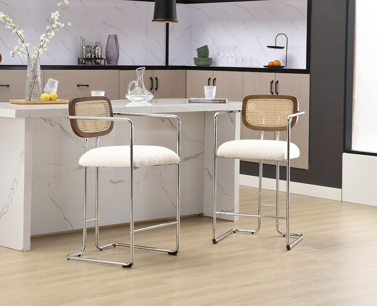 Bar Stools Set of 2 White Faux Fur Rattan Back Counter Chairs