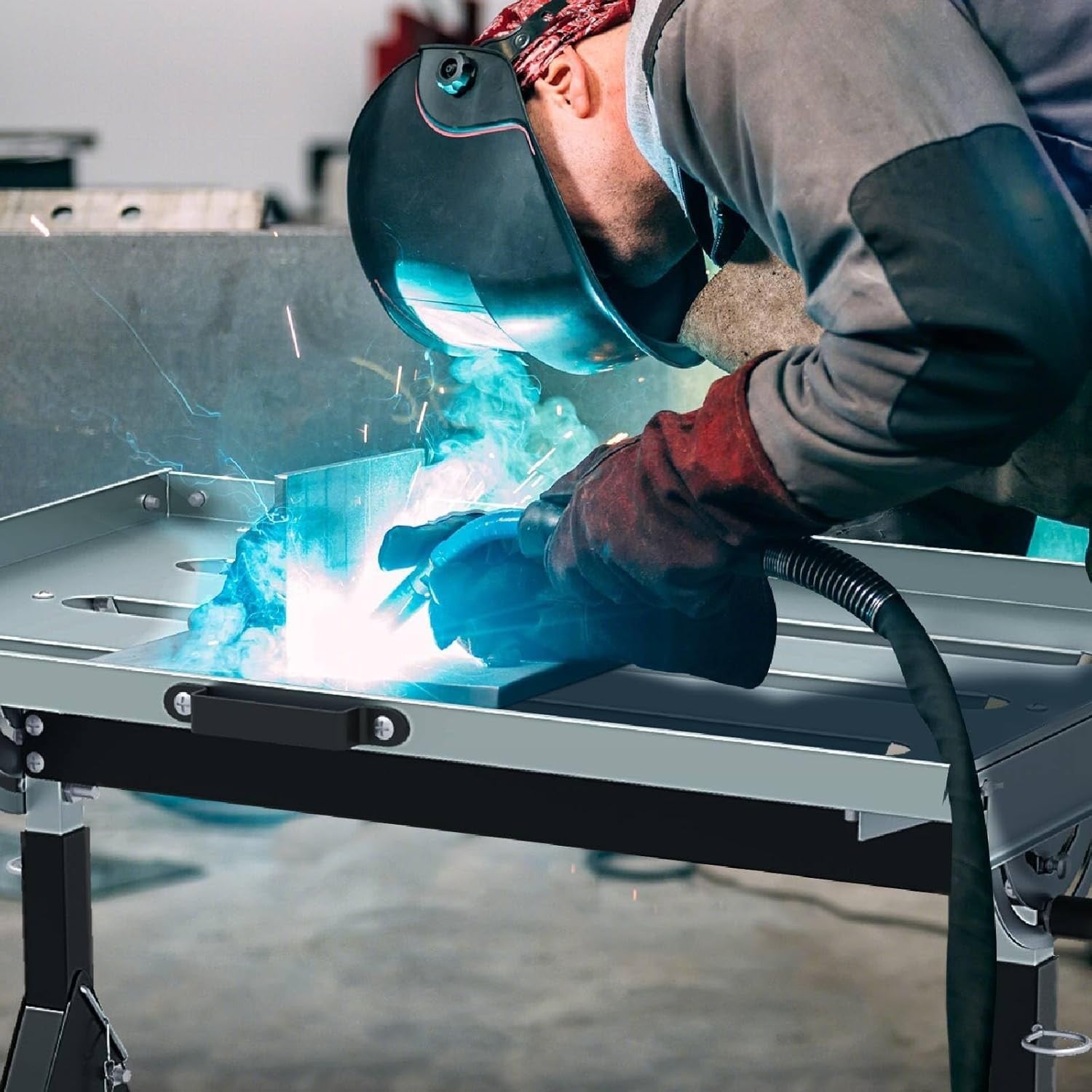 Folding Welding Table Adjustable Height Tilt Steel Workbench 180kg Load