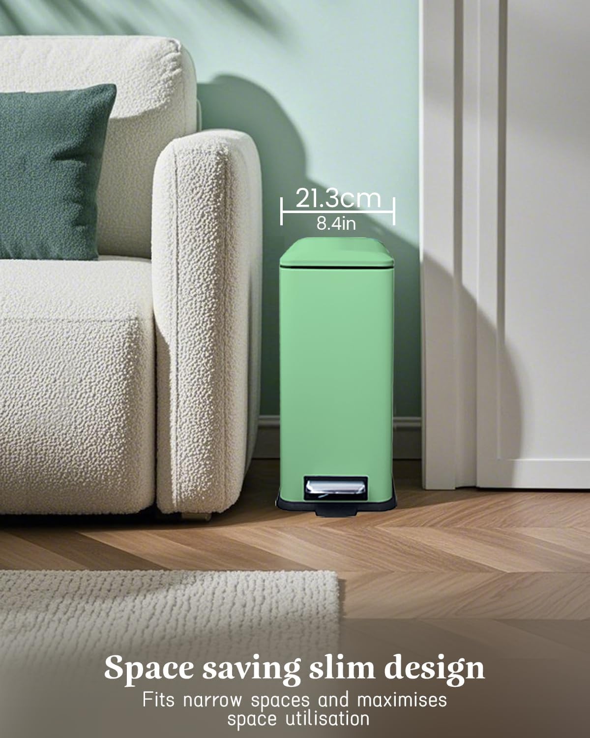 17L Green Stainless Steel Pedal Bin Slim Bathroom Soft Close
