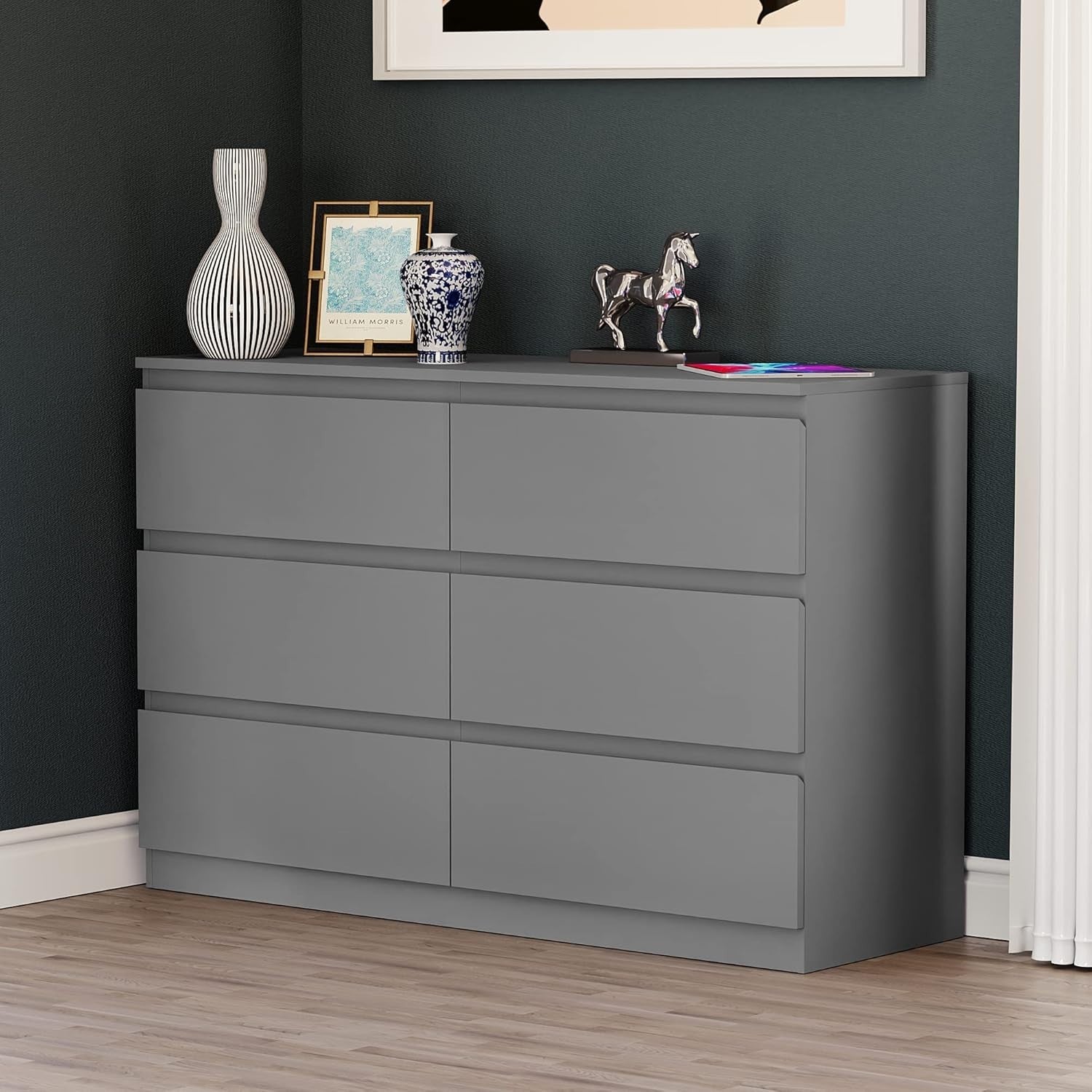 Modern 6-Drawer Grey Wooden Chest Storage Unit - Space-Saving Bedroom Organizer
