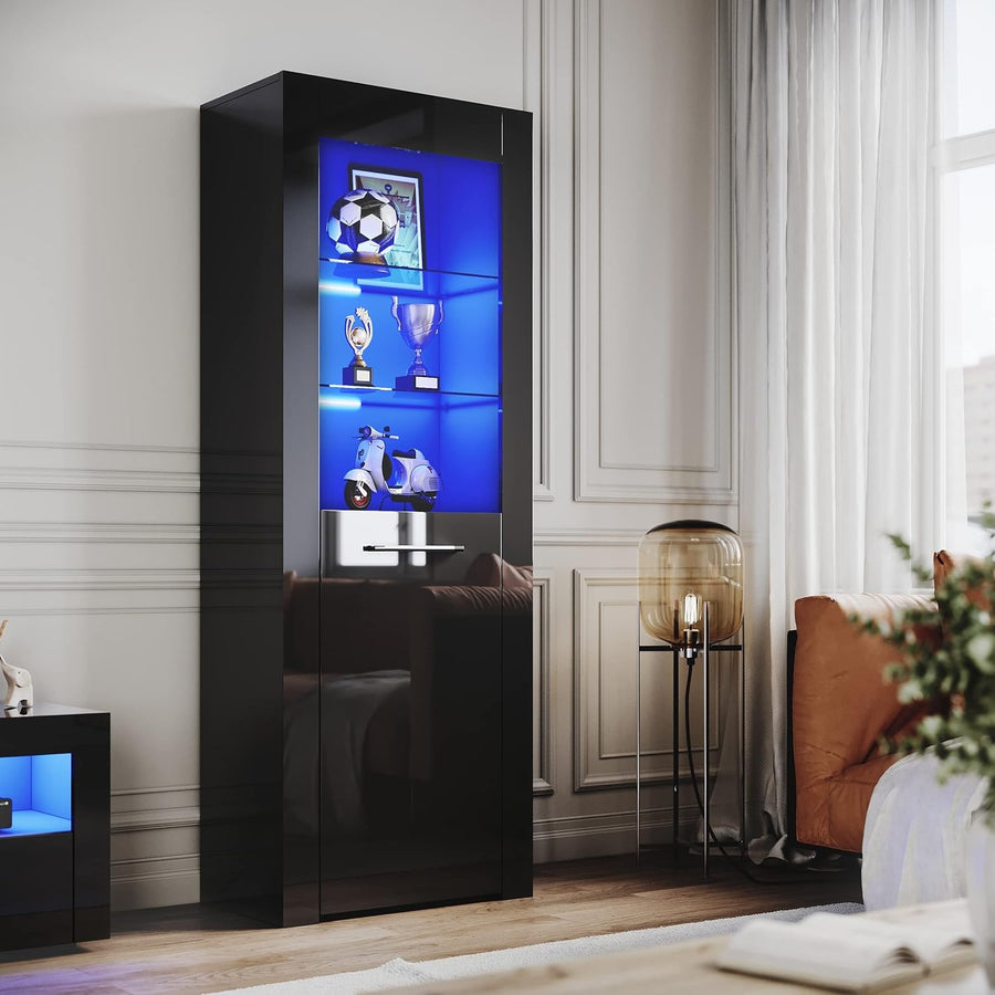 Tall Black Gloss Display Cabinet with LED Lights Modern 5-Tier Storage Unit