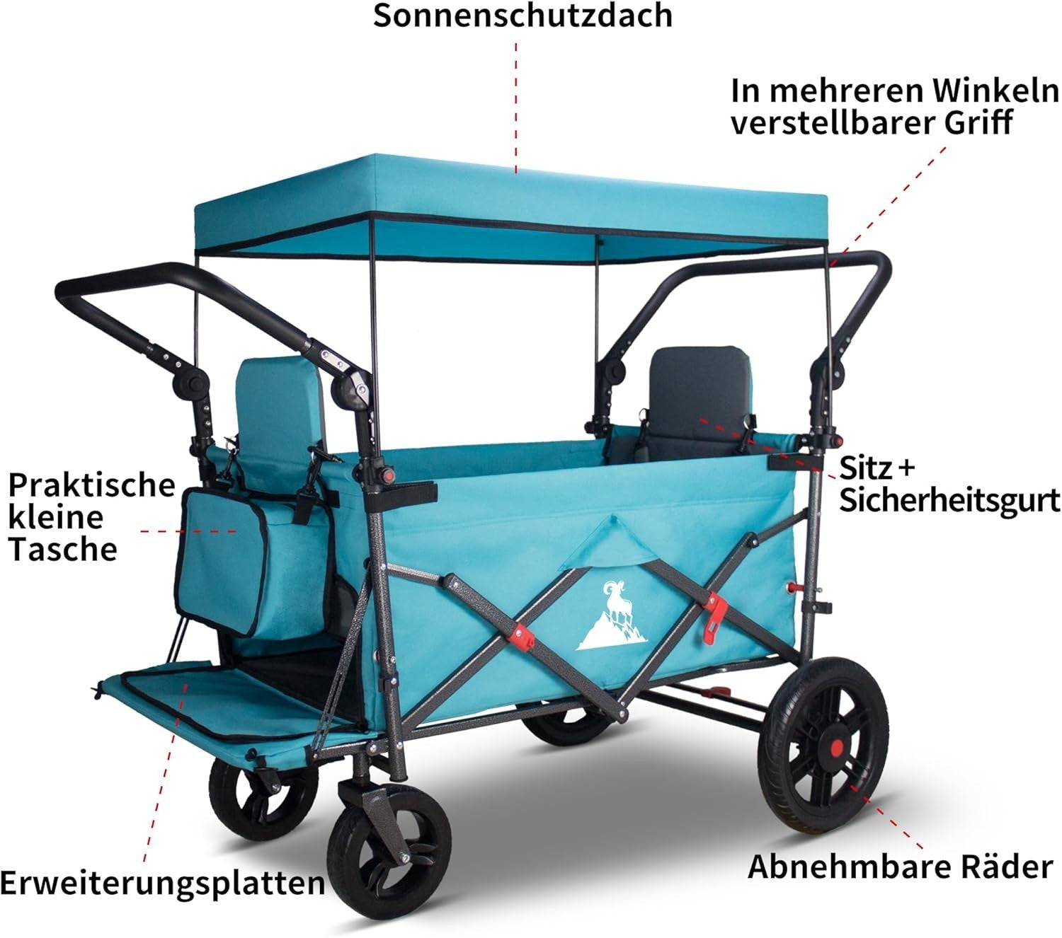 Sky Blue/Grey Folding Wagon w/ Roof Brakes 120kg Heavy Duty Cart PU Tyres & Seat