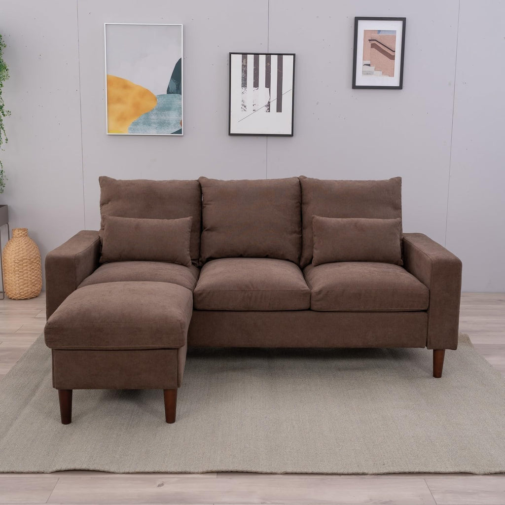 3 Seater Sofa with Footstool Brown Linen Reversible Chaise Cushioned Modern Couc