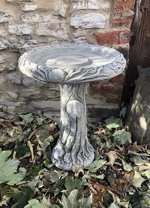 Solid Concrete Bird Bath – Tree Stump Base Heavy Garden Ornament Outdoor Feeder