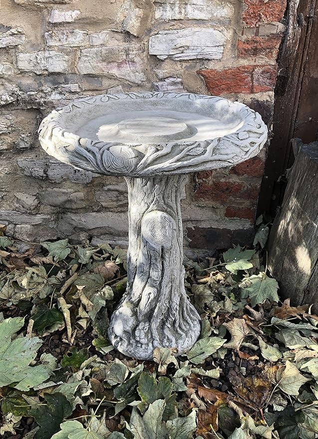 Solid Concrete Bird Bath – Tree Stump Base Heavy Garden Ornament Outdoor Feeder