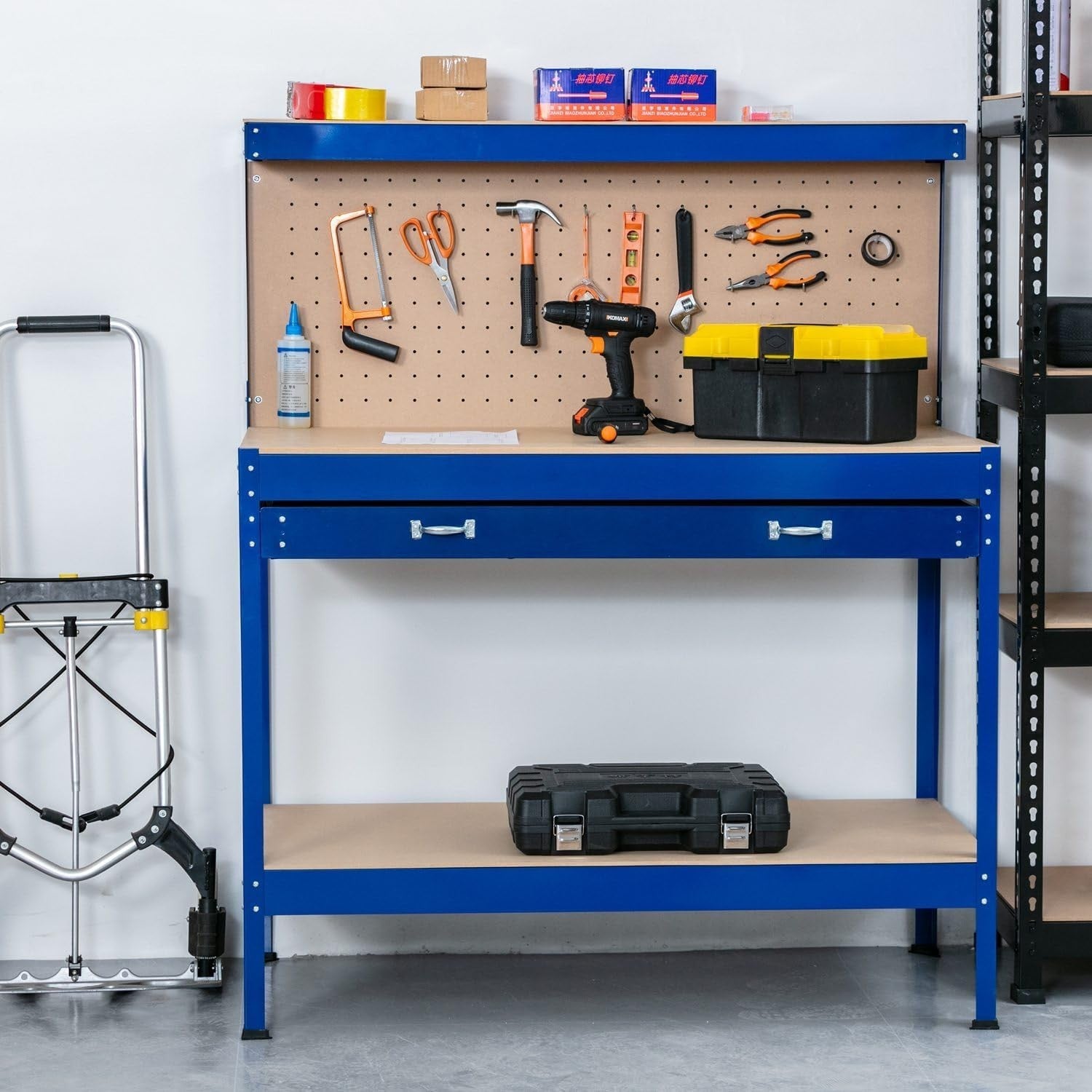 Blue Steel Garage Workbench Tool Station w/ Drawer Pegboard Shelf DIY Bench