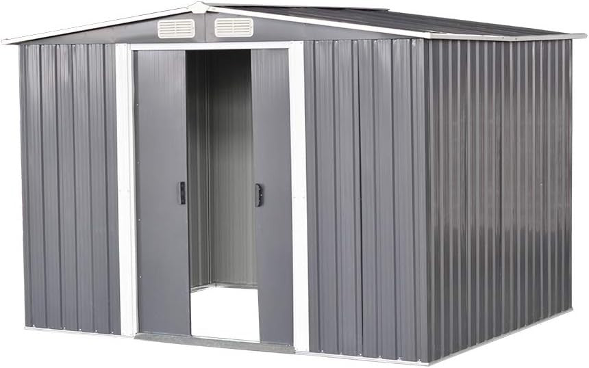 8x6FT Metal Garden Shed Outdoor Storage with Apex Roof & Lockable Double Doors