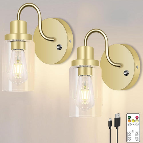 Gold Wall Sconces 2-Pack Rechargeable LED Lights, Remote, Dimmable, No Wiring