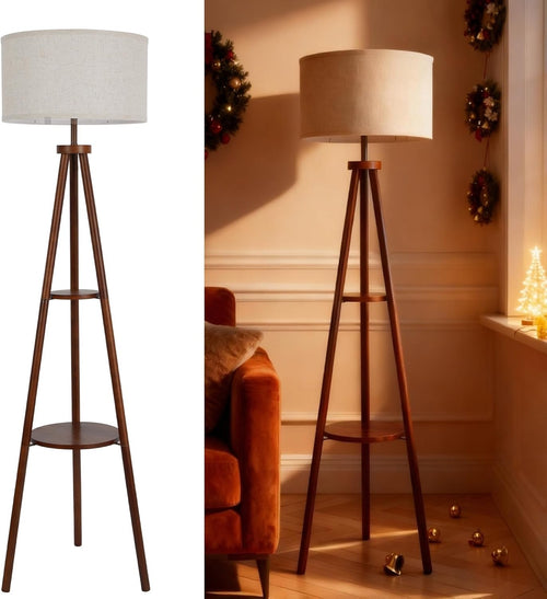 Tripod Floor Lamp with Shelf Wooden Standing Light Linen Shade Living Room