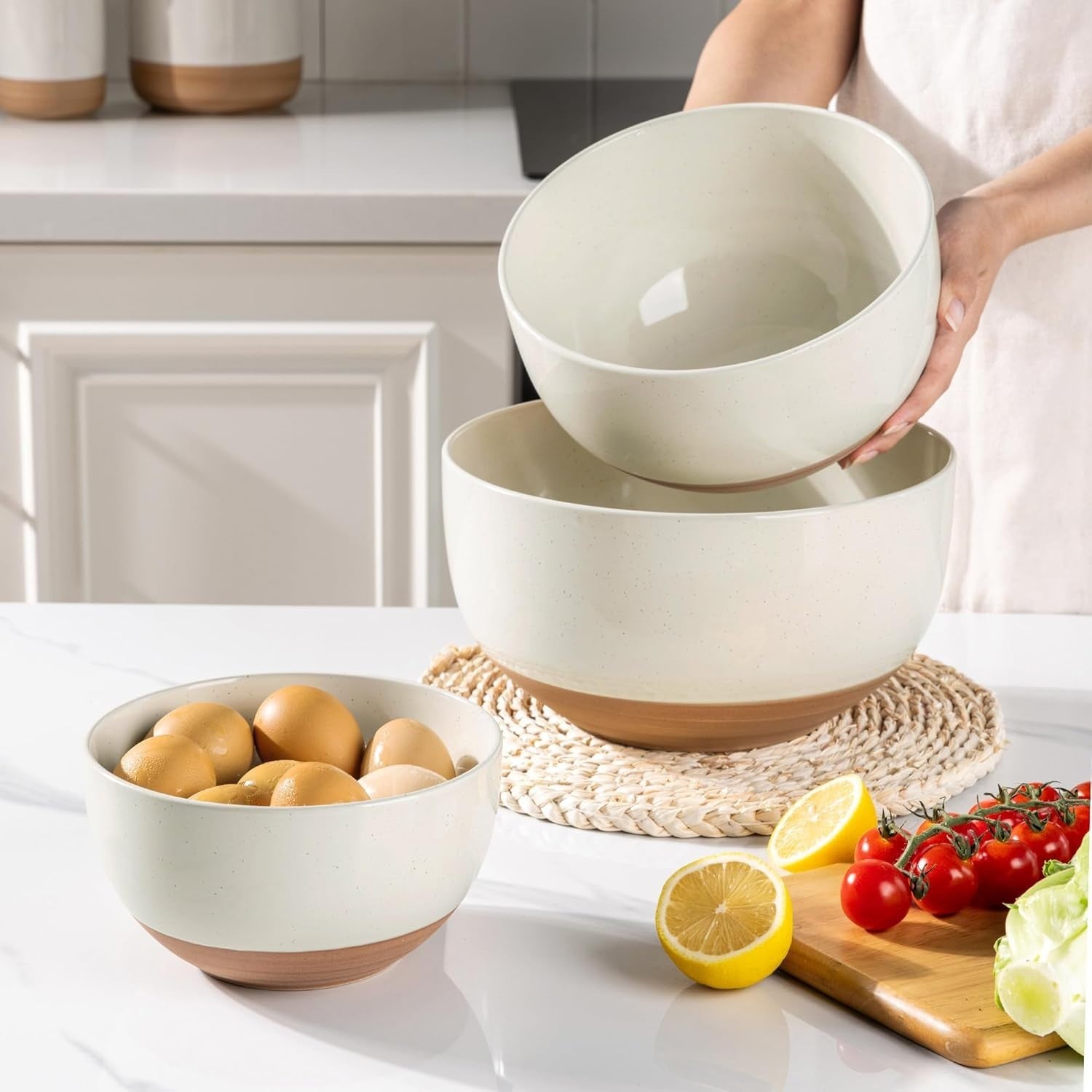 3-Piece Light Beige Ceramic Mixing Bowls Set Nesting 1.3-4.6 Qt