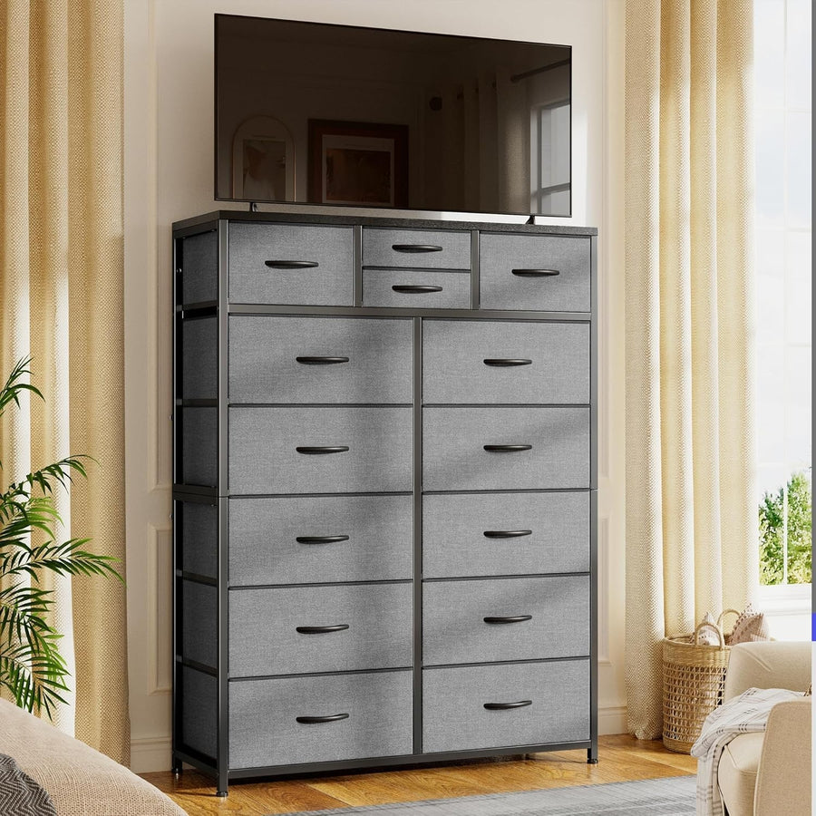 Tall Fabric Chest of 14 Drawers Storage Unit Grey, Bedroom Dresser