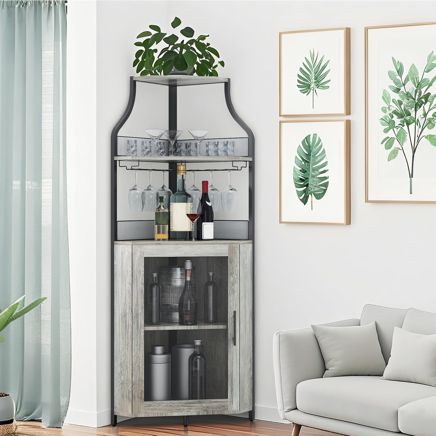 Corner Wine Cabinet with Glass Door & Removable Rack, Industrial Bar