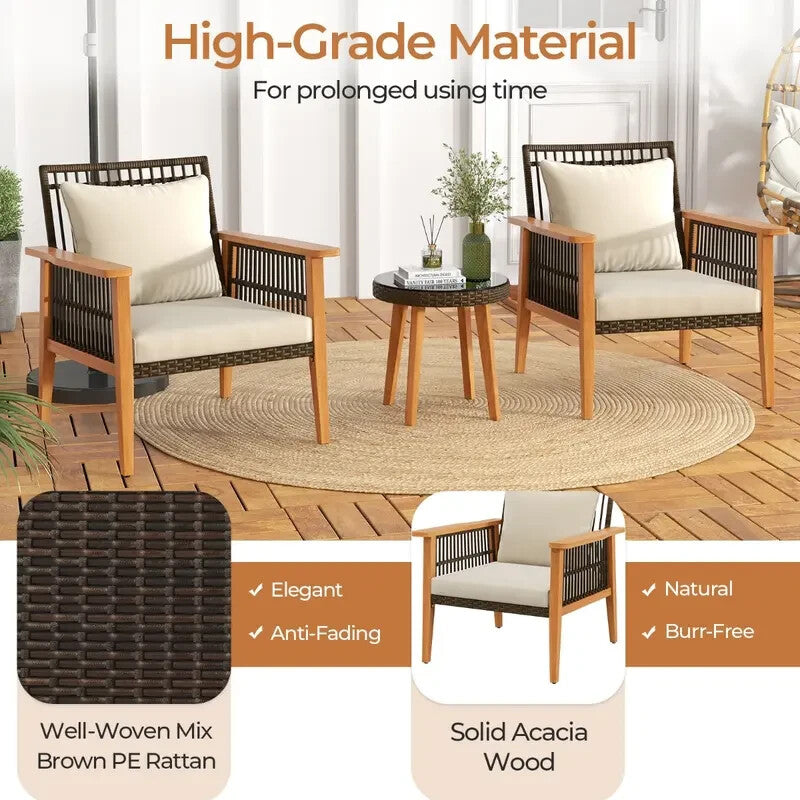 3pc Acacia Patio Chair Set with Cushions & Table – Outdoor Garden Rattan