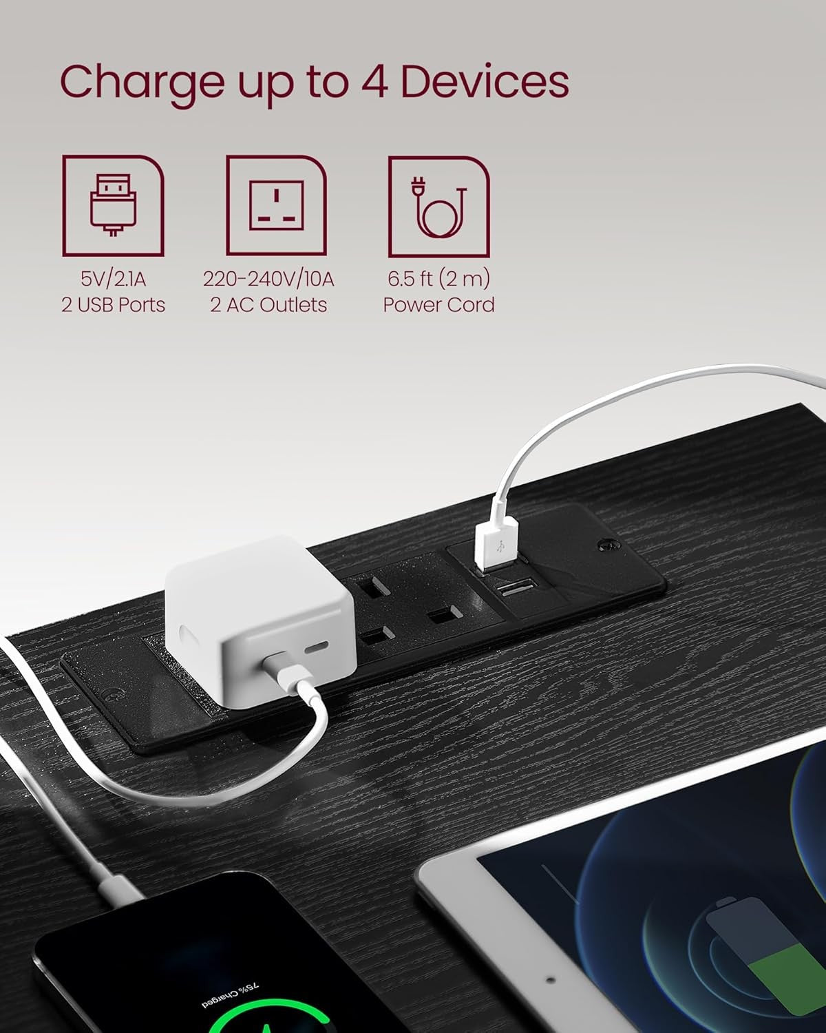 Black Bedside Table with Charging Station, 3 Drawers, USB & AC Ports, Modern