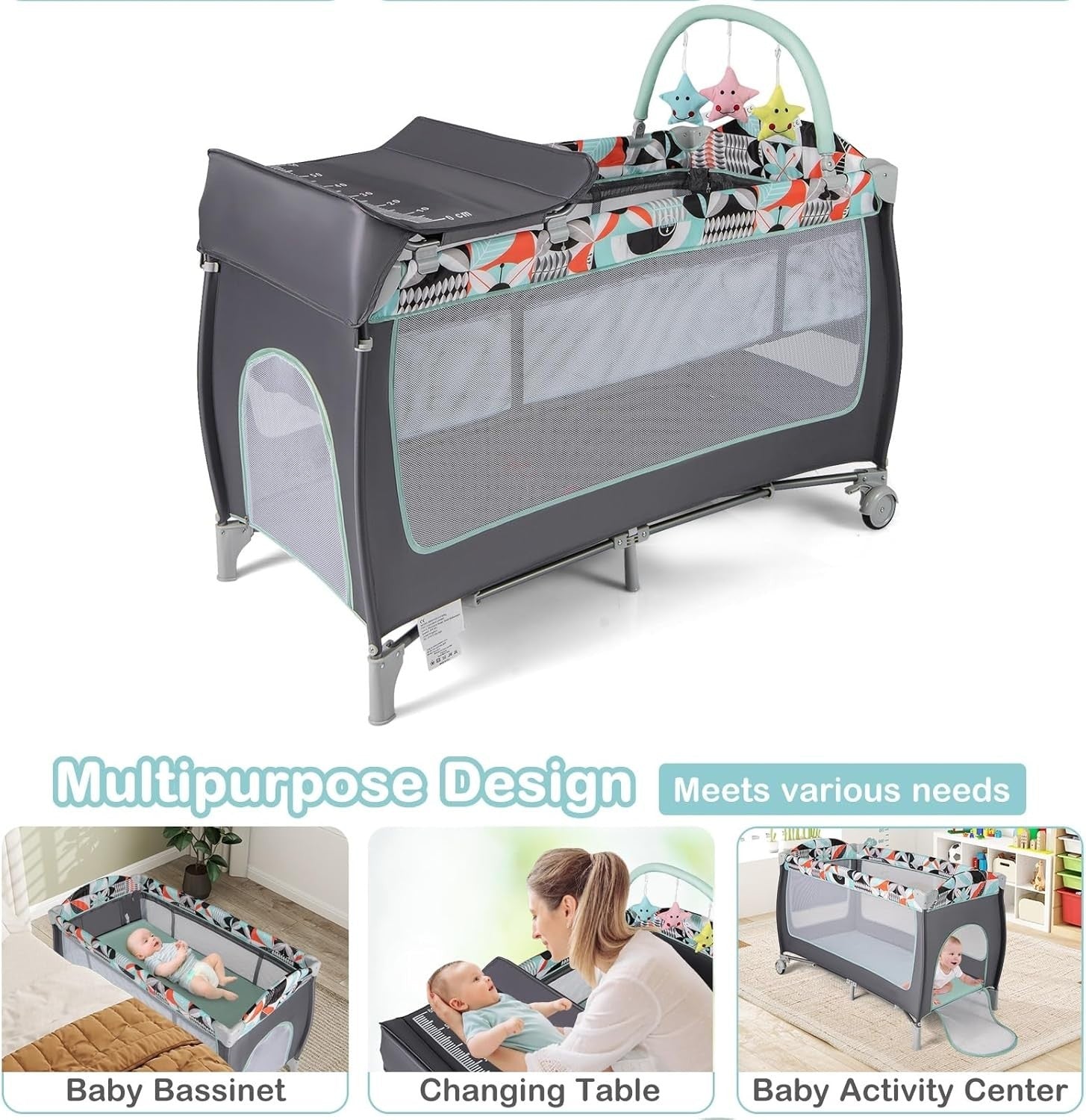 4in1 Baby Travel Cot Foldable Crib with Mattress, Changer & Storage Grey Blue
