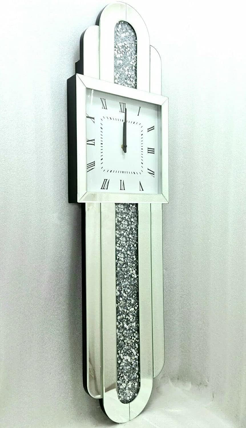 Tall Silver Wall Clock Sparkle Crystal Mirror Glass Silent Luxury 100x30cm