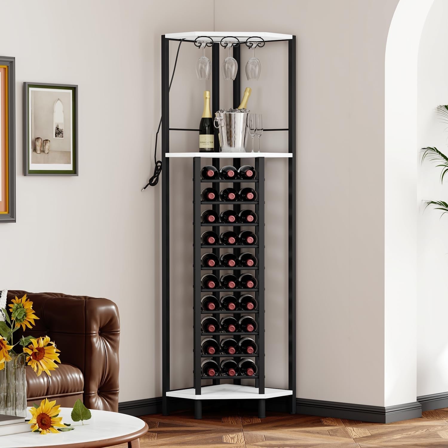 Corner Wine Bar Cabinet with LED Light, Glass Holder & 20 Bottle Storage Rack