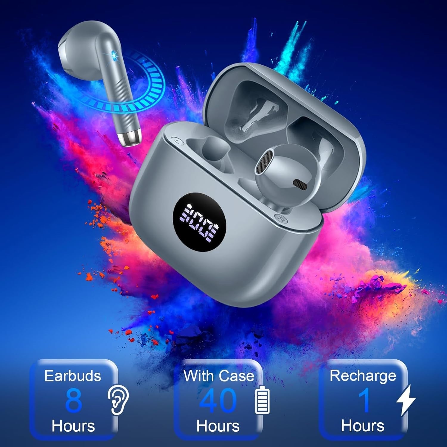 Bluetooth 5.4 Earbuds Gray ANC ENC Mic 40H Deep Bass Touch IP7